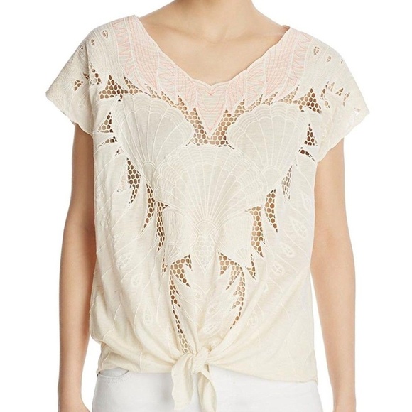 Free People  Beige Tie-Front Eyelet V-Neck Blouse - Picture 1 of 1